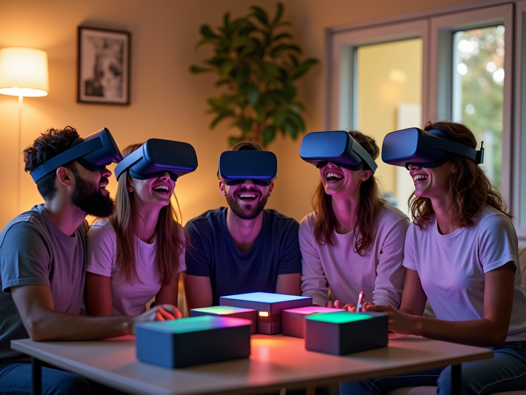 amis et collegues profitant d'experiences wonderbox en realite virtuelle degustation de vins et animation culinaire