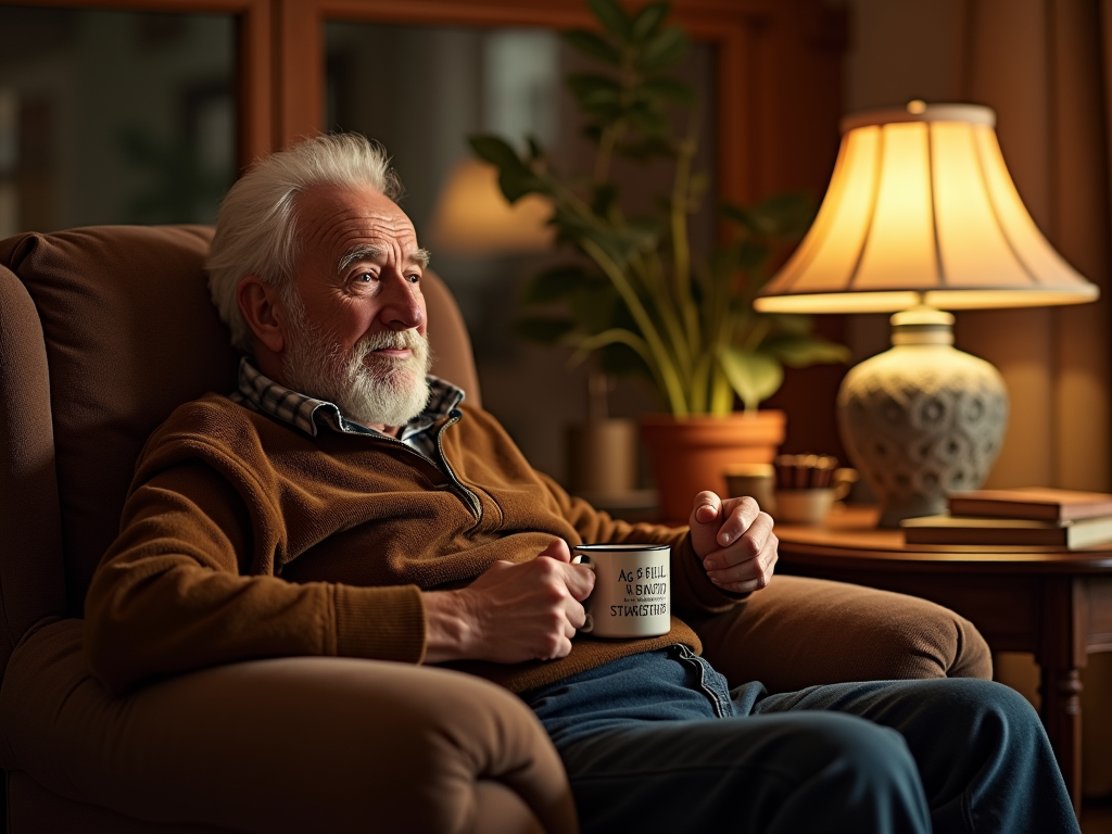 beau-pere riant avec un mug personnalise lors d'un barbecue familial en plein air entouré de rires et de bonne humeur
