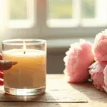 atelier diy bougie parfumee personnalisee avec huiles essentielles et gravure entouree de livres plantes et pivoines