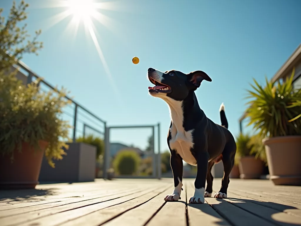 chien jouant avec des bulles sur une terrasse ensoleillée