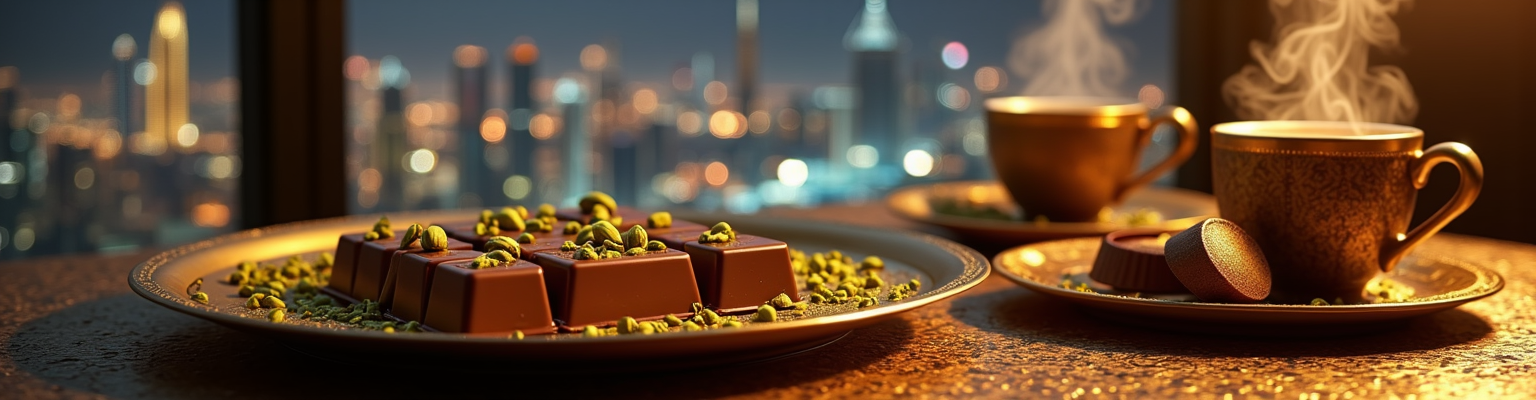chocolat pistache sur plateau dore avec gratte-ciels de dubai en fond