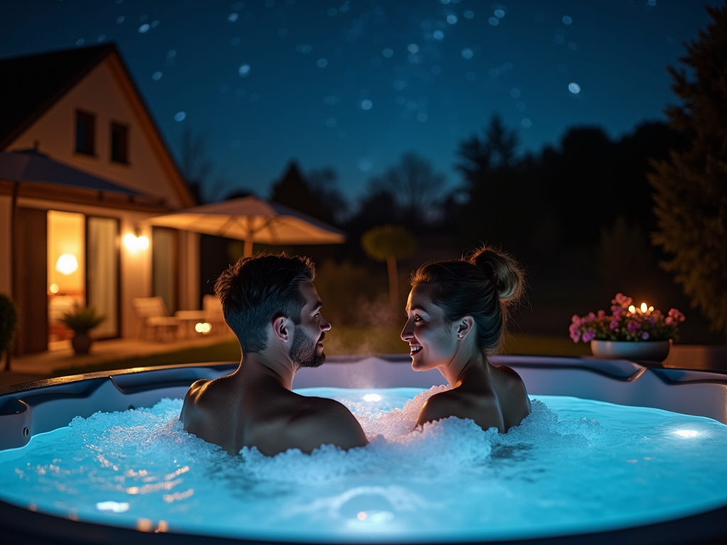 couple detendu dans jacuzzi exterieur sous ciel etoile ambiance romantique et relaxante