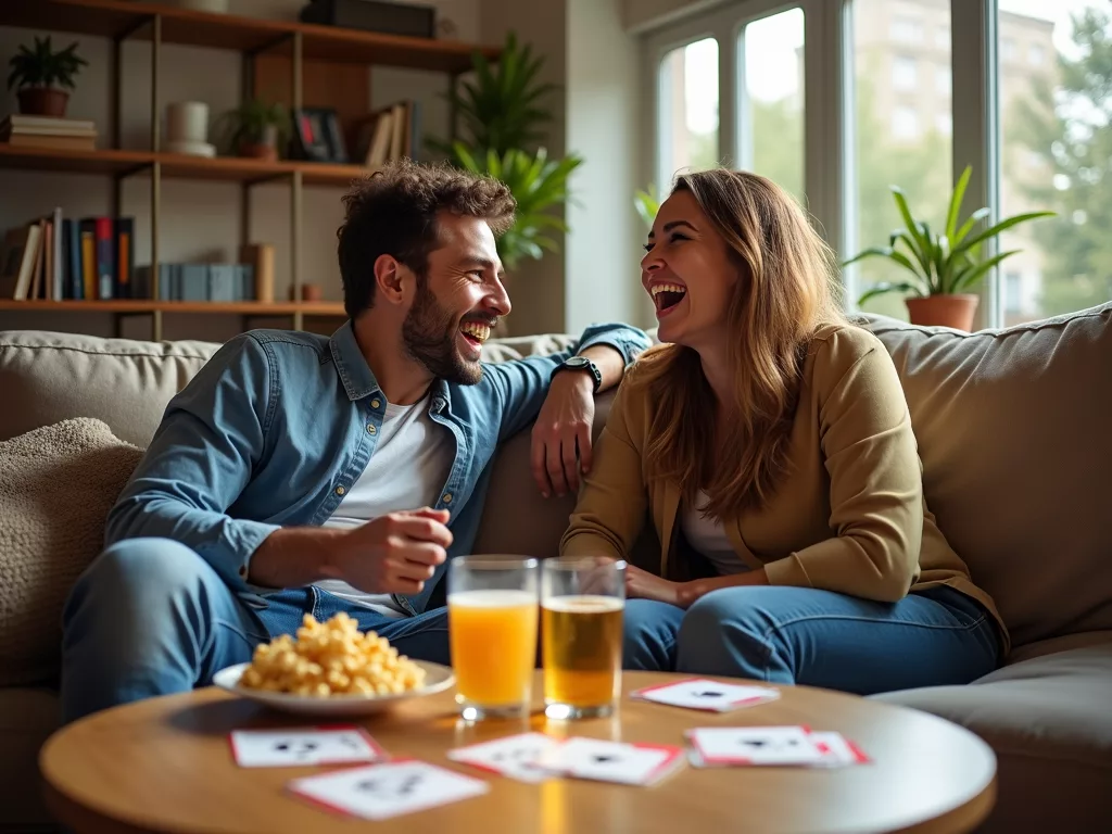 couple jouant a speedbac avec snacks, enfants et grands-parents apprenant le jeu, amis dans un parc cartes en main