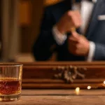 parfum cremo bourbon chene sur table bois avec branches chene verre bourbon ambiance masculine elegante cadeau festif