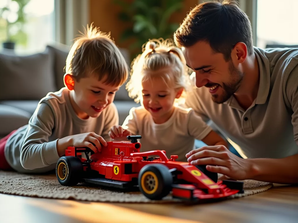 enfants construisant une ferrari sf-24 en lego avec un parent sur un circuit