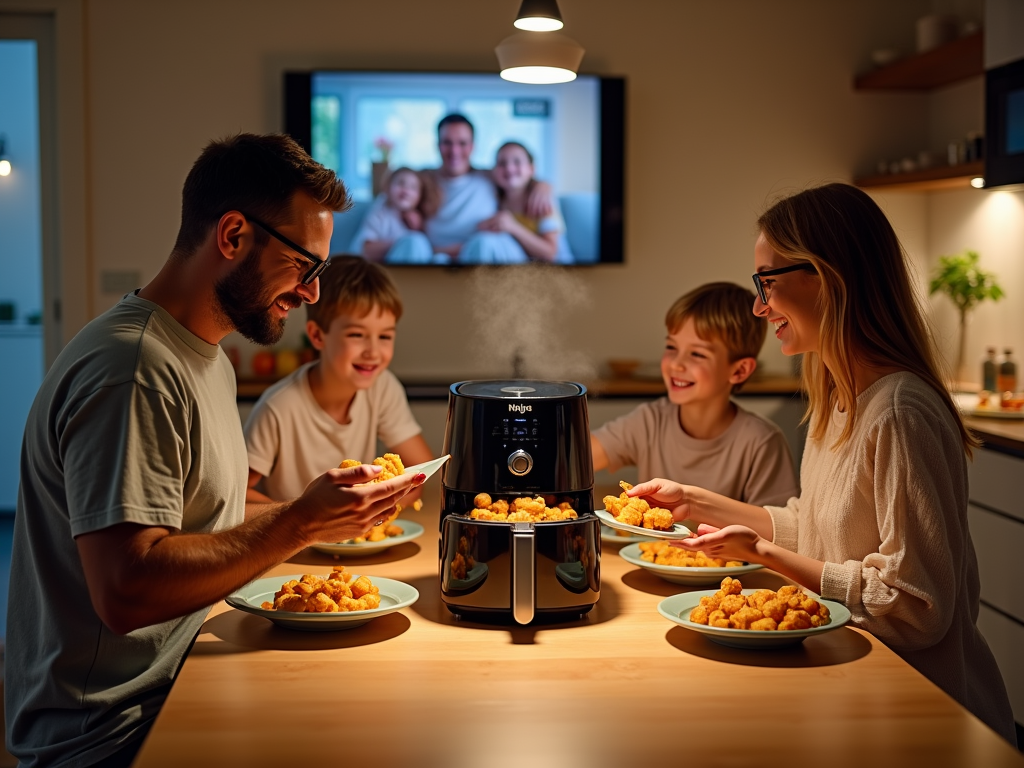 famille utilisant airfryer ninja pour des amuse-gueules et un chef consultant une recette sur tablette dans une cuisine animée