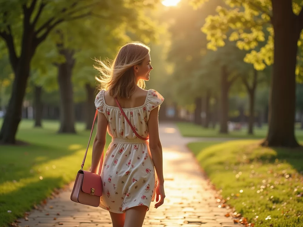 femme souriante avec mini sac a cordon en bandouliere lors d'une promenade en plein air