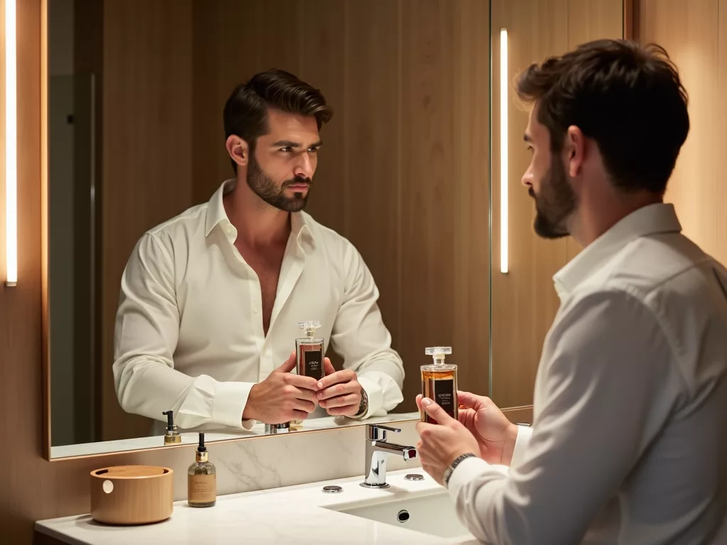 homme avec flacon cremo bourbon chene dans salle de bain moderne ambiance bois et lumiere douce