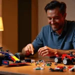 passionne de f1 construisant lego speed champions red bull rb20 dans un salon moderne avec posters et trophees