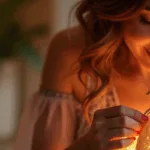 femme ouvrant un mini sac a cordon plein de bijoux lors d'une fete elegante avec amis et enfants dans une ambiance chaleureuse