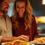 cuisine moderne avec ninja foodi flexdrawer air fryer cuisinant des légumes et poulet, ambiance festive et chef en action