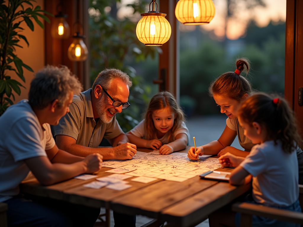 amis jouant a un jeu de societe avec sablier et tableau blanc pour des calculs amusants sur une terrasse illuminee