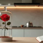 rose eternelle sous cloche dans un interieur moderne avec livres dart bougies et lumiere douce