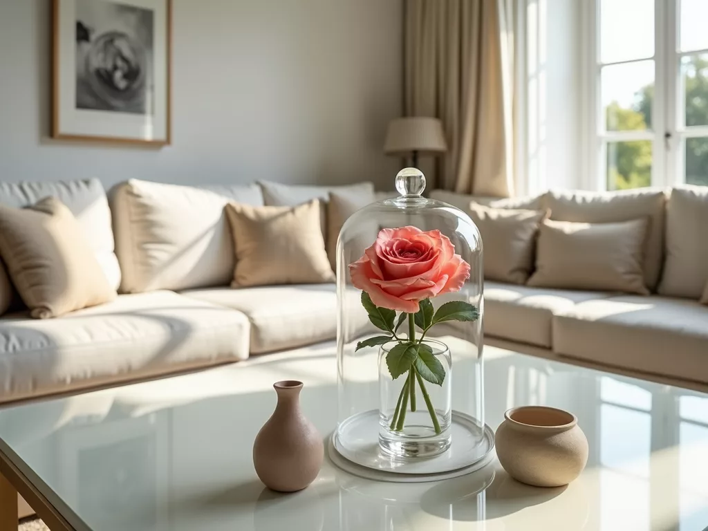 rose eternelle sous cloche sur table basse avec vases pastel et livres vintage dans un salon minimaliste et chaleureux