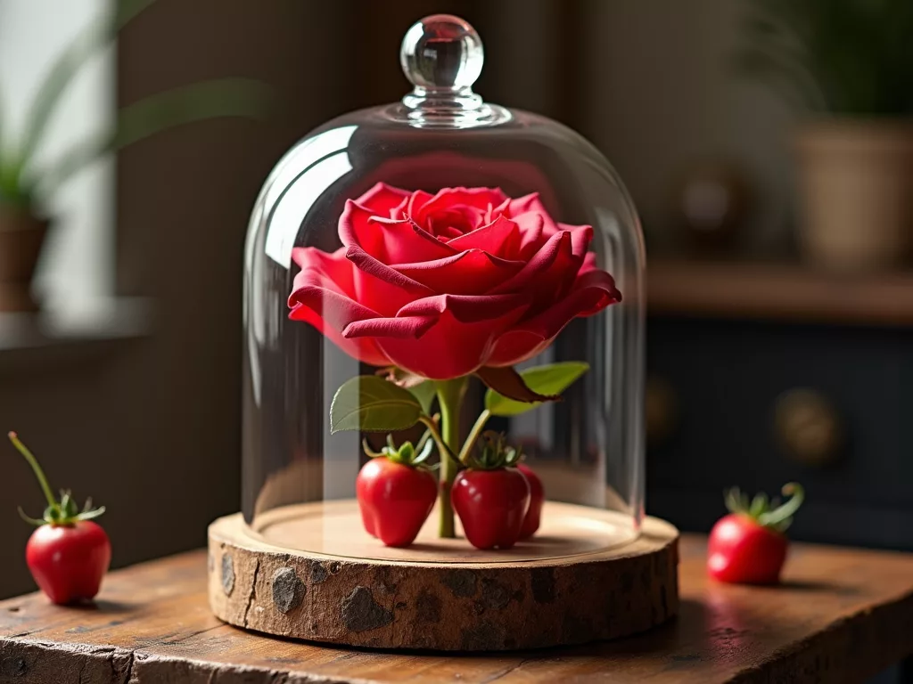 rose eternelle sous cloche sur table en bois rustique avec petales eparpilles ambiance romantique