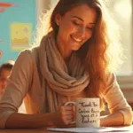 maitresse recevant cadeaux personnalises de ses eleves dans une classe ensoleillee avec dessins et fleurs