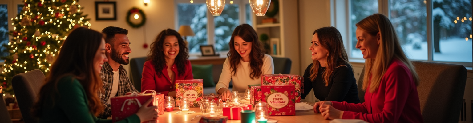 amis et collegues echangeant des coffrets wonderbox lors de fetes de noel et secret santa dans une ambiance festive et chaleureuse